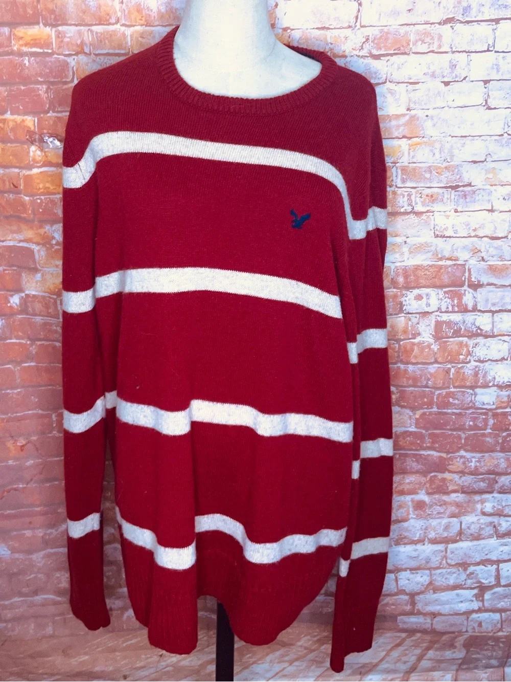 American Eagle Outfitters Deep Red and White Striped Relaxed Fit Crewneck Sweate